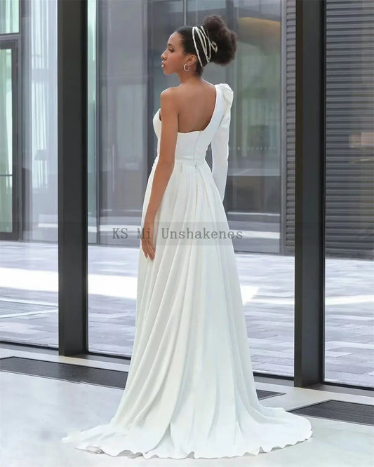 Sexy Satin White Wedding Dresses Single Long Sleeve Bride Dress Unique New Designer Beach Wedding Gowns 2024 Mariage