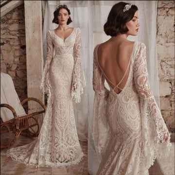 Wedding Dress Fashion Sheath V Neck Court Long Sleeve Backless Lace Bridal Gowns 2025 Vestido De Noiva Customized