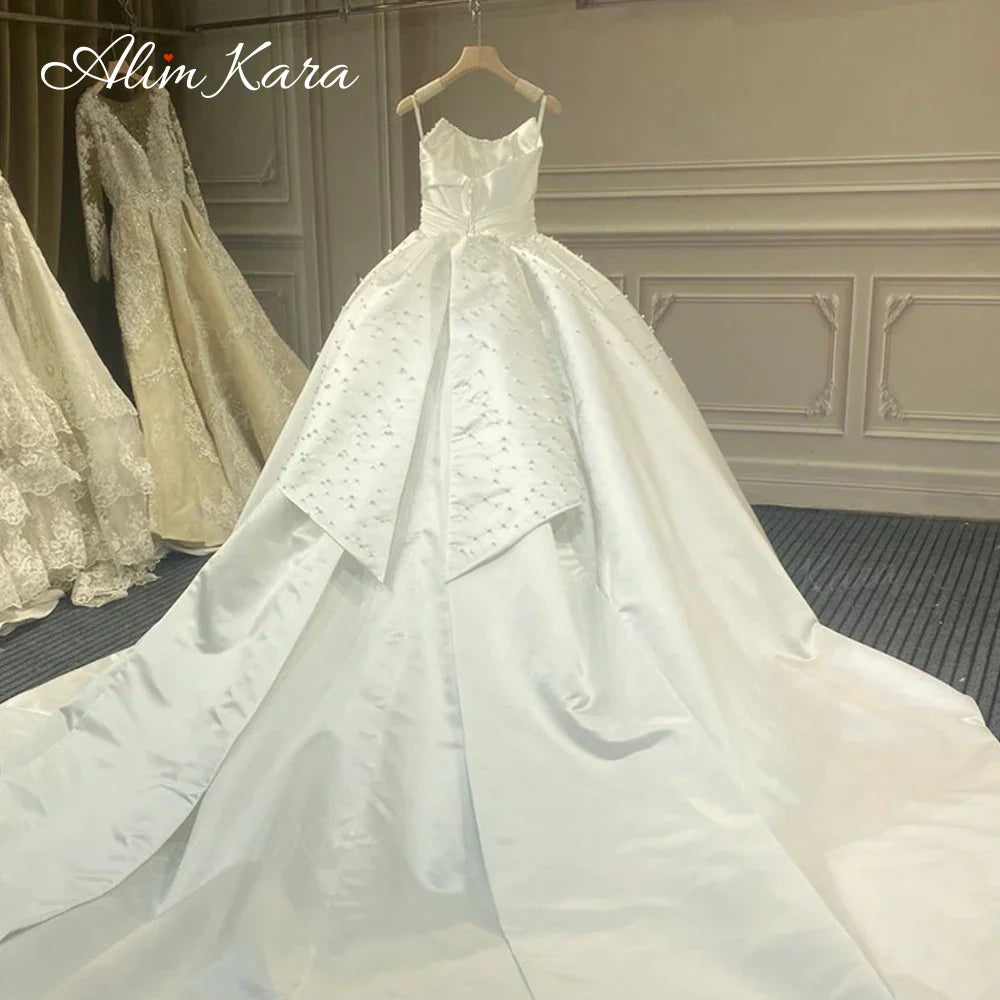 Ball Gown Wedding Dress Gorgeous Pearls Sleeveless Chapel Train Bridal Princess XZ41