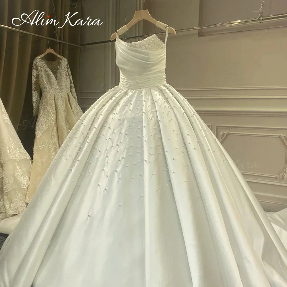Ball Gown Wedding Dress Gorgeous Pearls Sleeveless Chapel Train Bridal Princess XZ41