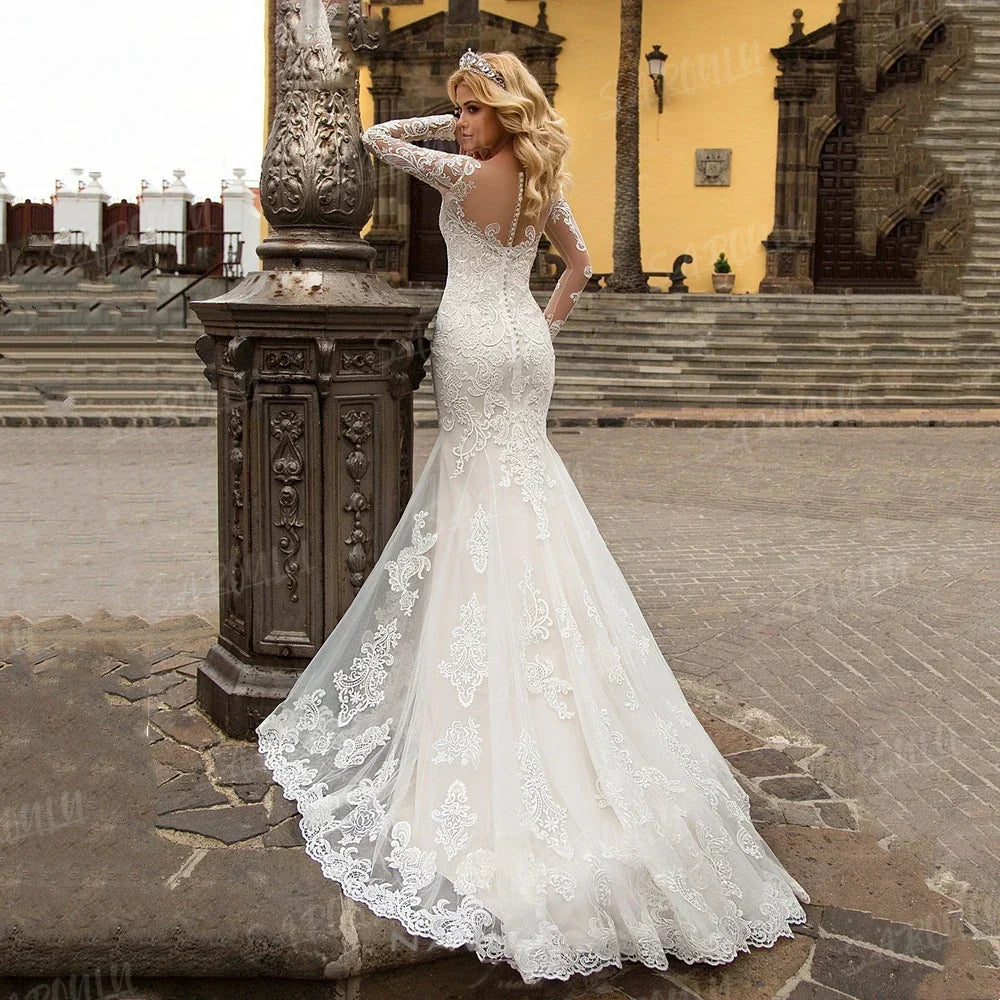 Sweetheart Long Sleeve Wedding Gown Sexy Illusion Lace Classic Cheap Bride Dresses Backless Bridal Gown Custom Made Plus Size