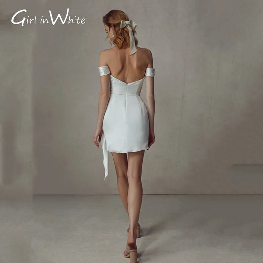 Short Wedding Dress Satin Mini Wedding Gown Off The Shoulder Bride Dress Strapless Ivory Bridal Gown vestidos de novia 2023