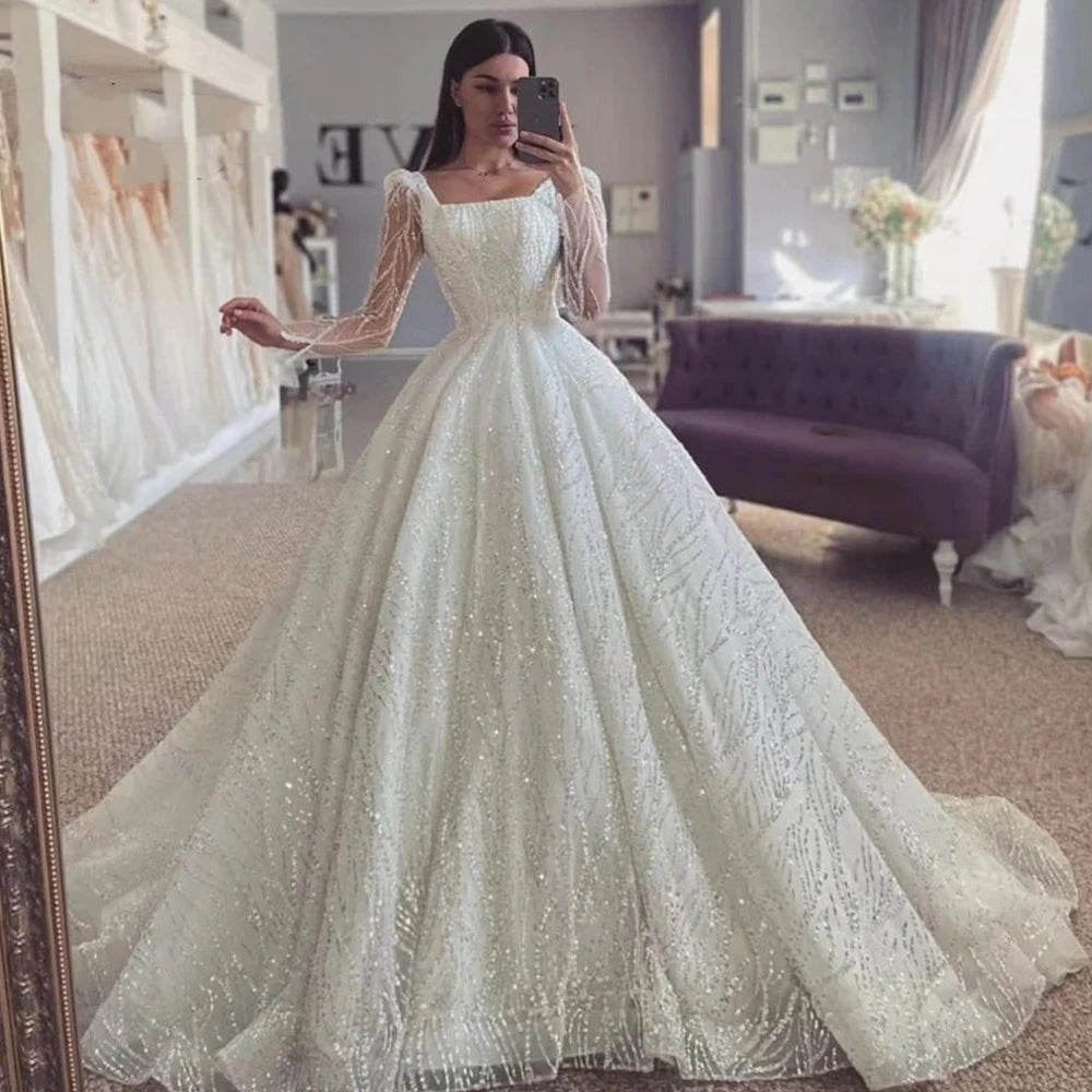 customized Luxury Sparkling Wedding Dresses Long sleeved Ball Gown Square Neck Bridal Gown Robe De Mariage Vestidos De Novia