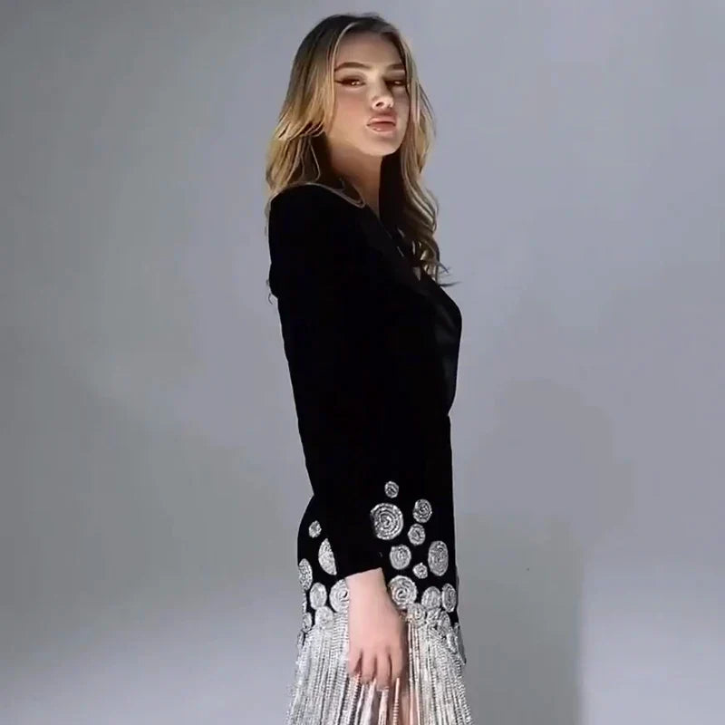 Tassel rhinestone deep V-neck long sleeve sparkle mini bandage bodycon women evening party dress side view