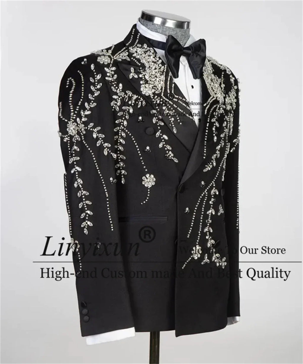 Luxury Beaded Wedding Suits For Men Double Breasted Male Prom Blazers Outfits 2 Pieces Sets Groom Tuxedos Slim Fit Costume Homme