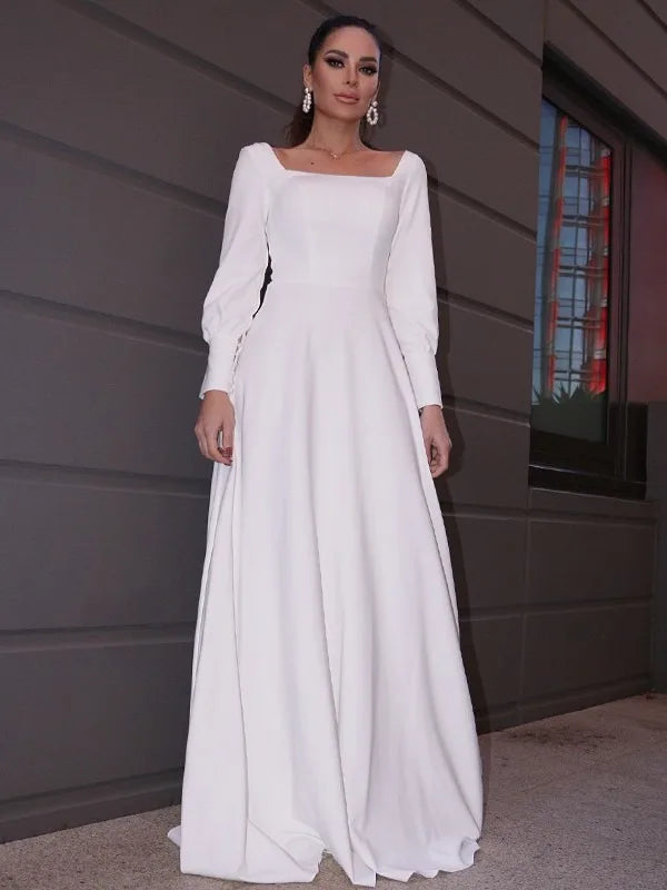 Simple Wedding Dresses Button Long Sleeve Bridal Dresses Women Square Neck Wedding Ceremony Party Dress for Brides Customized
