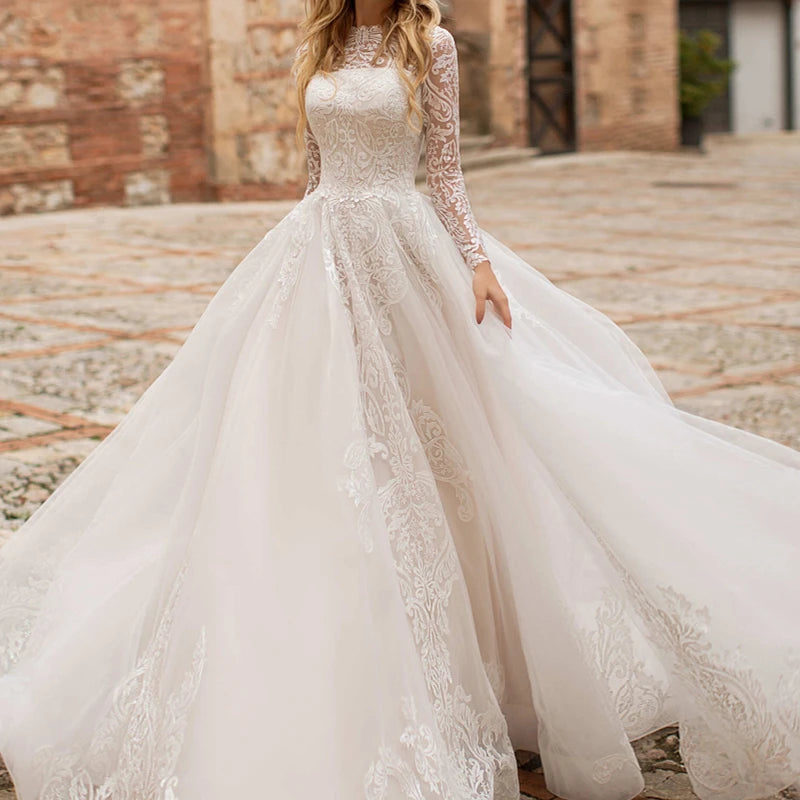 Luxury Princess Wedding Dresses Long Sleeves Modest Vestidos De Novia Appliques Vestido De Noiva Lace Robe De Mariée