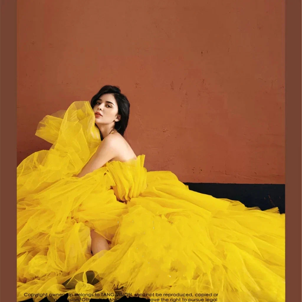 Yellow Tulle Strapless Fluffy Celebrity Dresses High-Low Sling Sleeveless Tiered Princess Luxury Formal Prom Evening Gowns