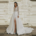 Classic A Line Wedding Dresses Woman's Sexy V Neck Boho Bride Gowns Side Split Satin Appliques Vestidos De Noche Customized