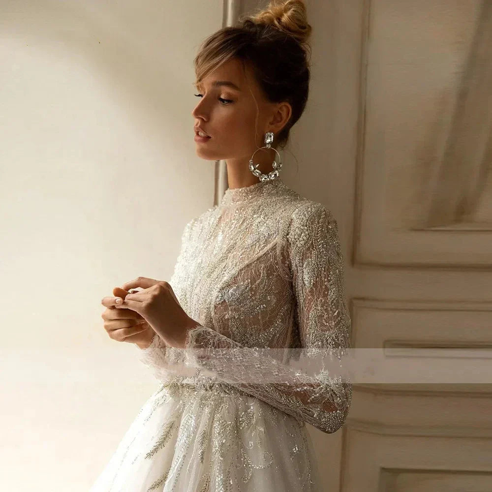 Lace long sleeve high neck gorgeous A-line formal luxury bridal gown back view