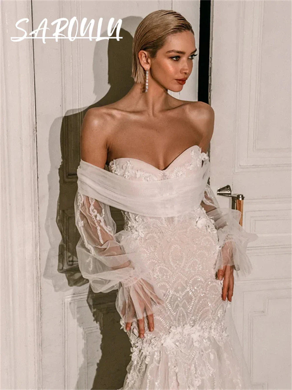 Luxury Embroidery Bride Dresses With Detachable Sleeves Strapless Long Wedding Dress For Women Robe De Mariee Appliques