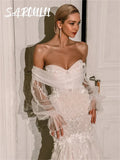 Detachable sleeves strapless embroidery luxury long formal appliques wedding dress bridal gown side view