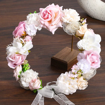 Design Artificial Flower Wreath Bride Women Flower Crown Hair Band Wedding Floral Headband Garland Ribbon Girl Hair Accessorie