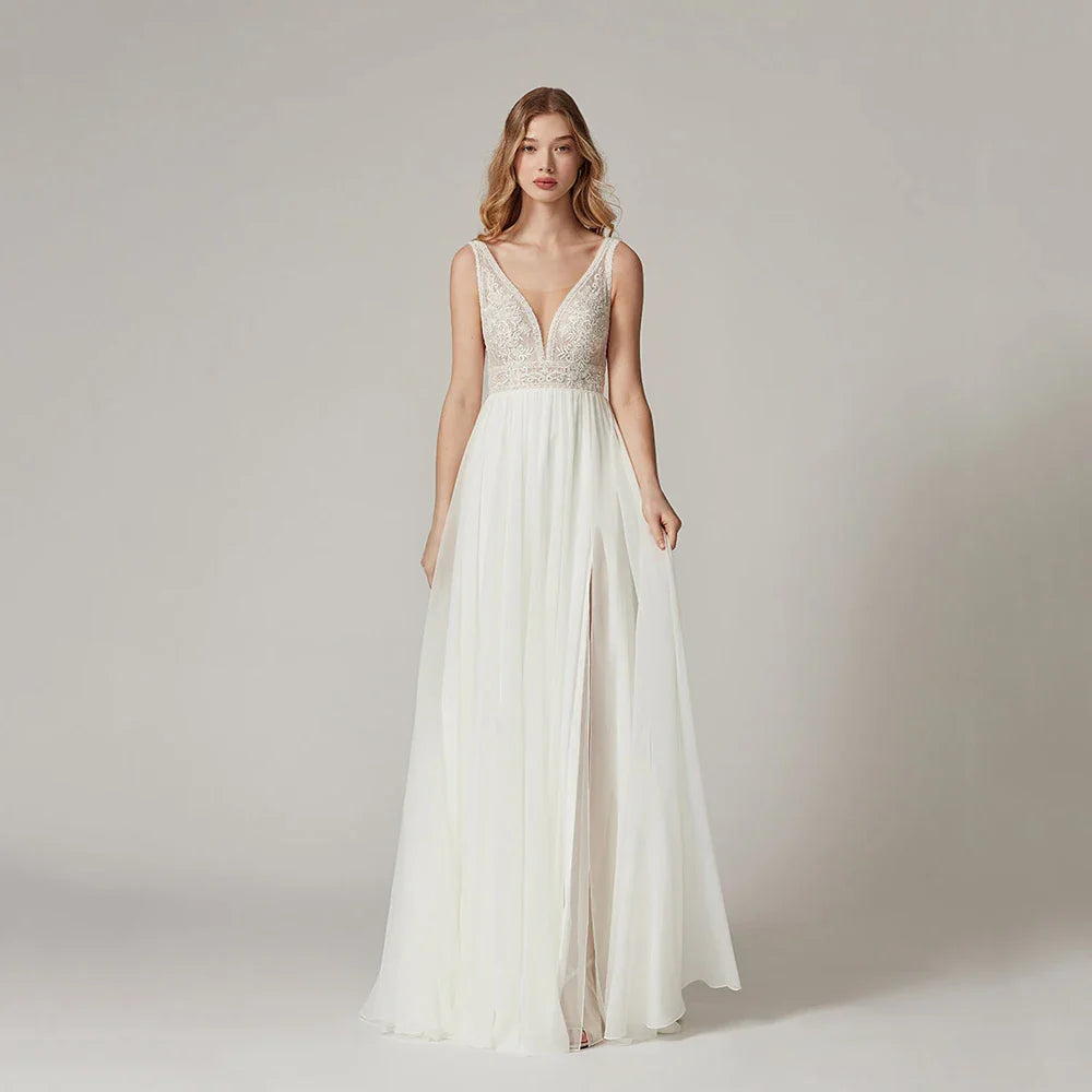 Boho Beach Wedding Dresses V Neck Lace Appliques High Slit Bride Dresses Backless Women Luxury Bridal Dresses Customized