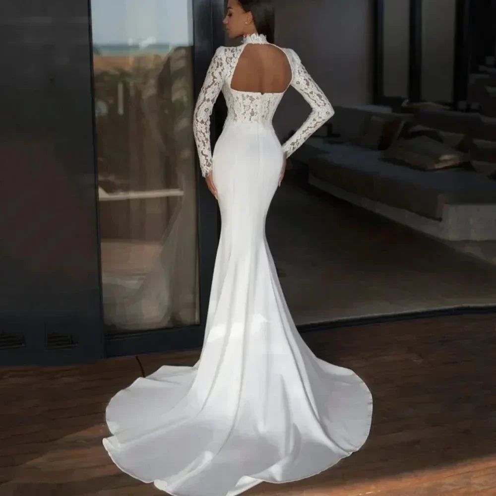 New arrival mermaid wedding dress high neck long sleeves lace satin bridal gown