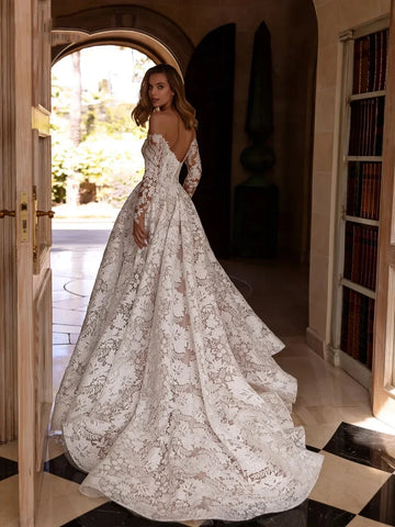 Customized Lace Appliques Sweetheart Wedding Dress Off The Shoulder Long Sleeve Bridal - Image 3