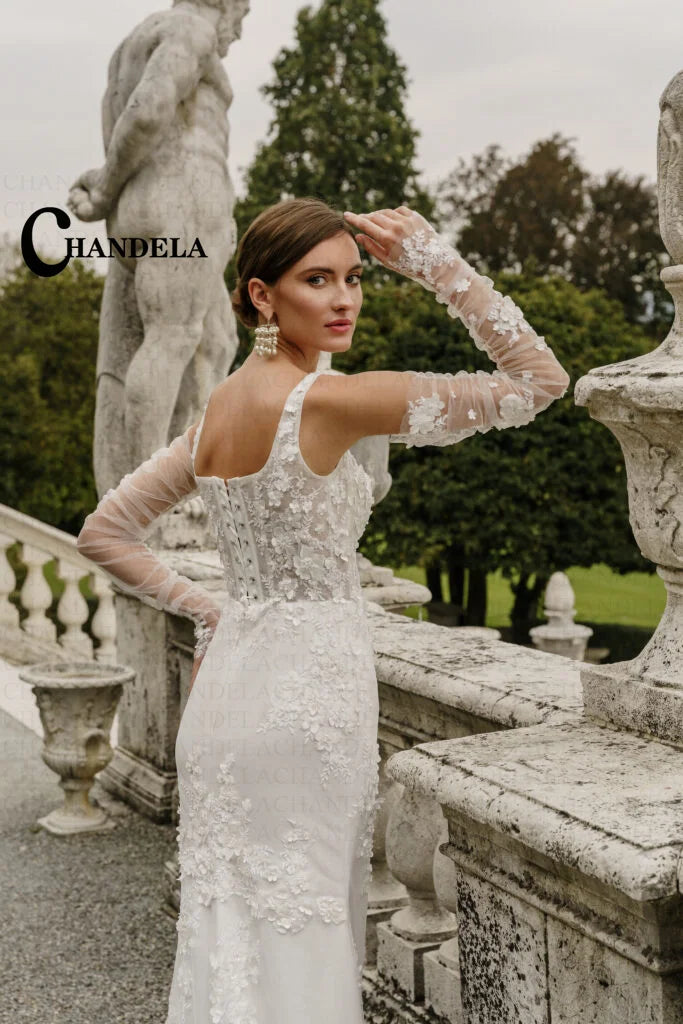 Backless lacing-up square collar mermaid sleeveless chapel train appliques wedding gown side view