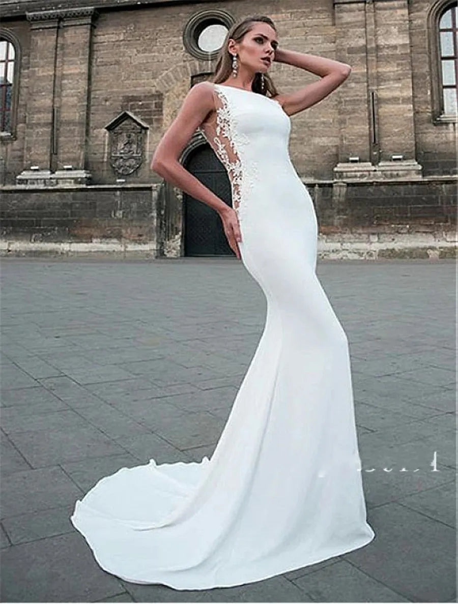 Sexy mermaid wedding dress bateau neck cutout side open back soft satin bridal gown