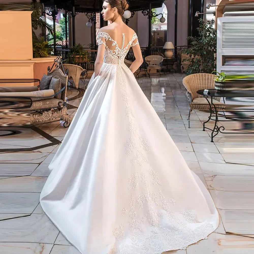 Flavinke Customized Sweetheart Wedding Dresses Satin Appliques Off The Shoulder Floor Length Bridal Robe De Mariée With pockets