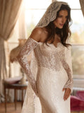 2026 off-shoulder long sleeves full lace sexy boho classic mermaid wedding dress bridal gown ivory