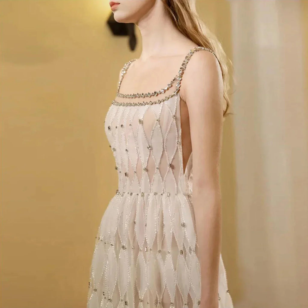 Luxury Crystal Dubai White Evening Dresses for Women Wedding Sqaure Neckline Midi Formal Prom Party Gowns SS221