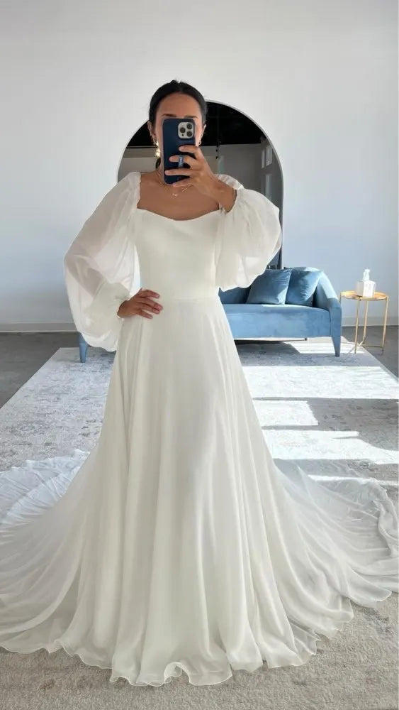 Simple Wedding Dress For Bride Chiffon Square Neck Backless Boho Brides Gown Long Puff Sleeve Bridal Dress Customized
