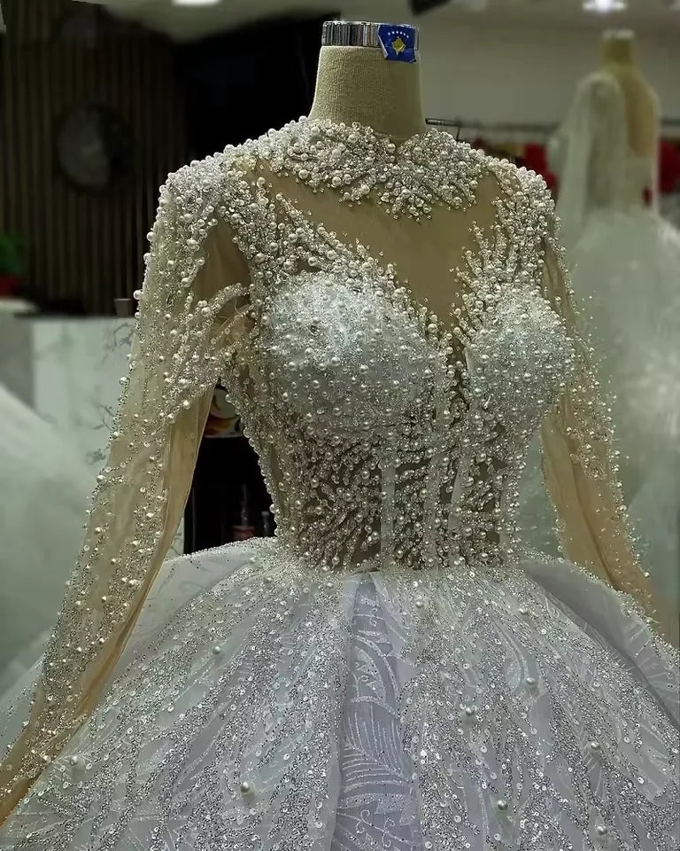 Customized Luxury Beaded Wedding Dresses Long Sleeve Sequined Vestido De Noiva Plus Size Bridal robe de mariée