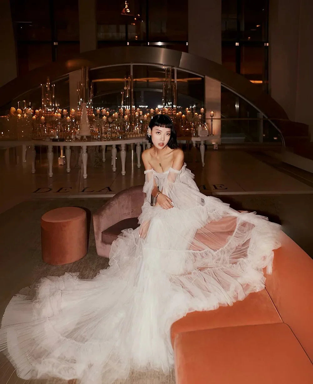 Romantic Tulle Wedding Dresses Layered Off Shoulder Puffy Sleeves Elegant Wedding Paty - Image 1