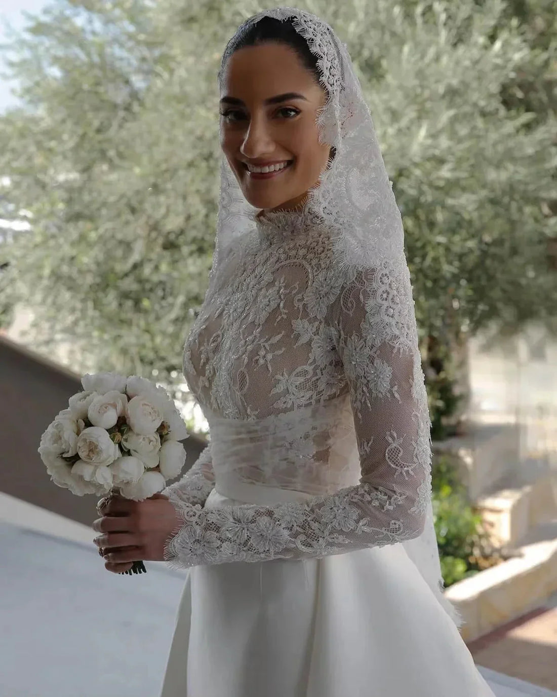 Modern classic mermaid wedding dress 2026 high neck long sleeves beads sequins satin lace bridal gown