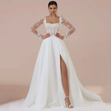 Square Collar Backless A Line Organza Long Sleeves Wedding Dresses Appliques - Image 1