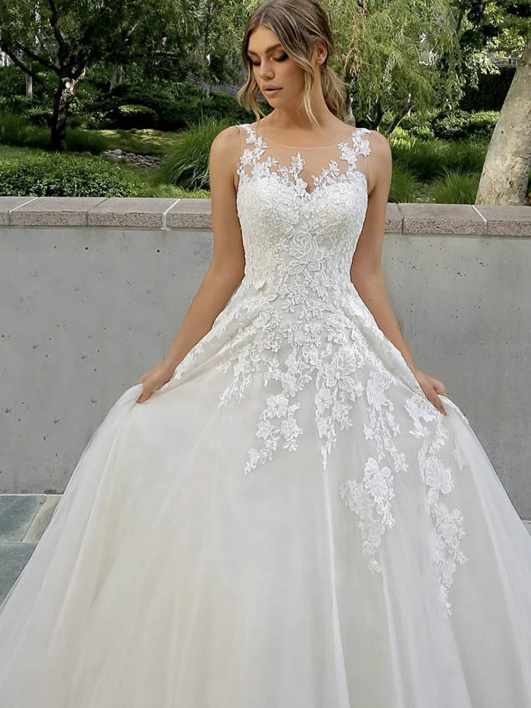 Scoop neck tulle applique wedding dress – front view – Snowy Bridal