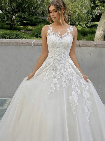 Scoop neck tulle applique wedding dress – front view – Snowy Bridal