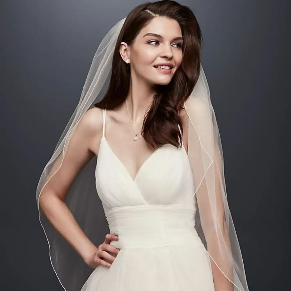 TOPQUEEN V14 Wedding Veil Long Soft Tulle Veil with Soutache Cord Edging Soft Single Tier Bridal Veil with Pencil Edge White