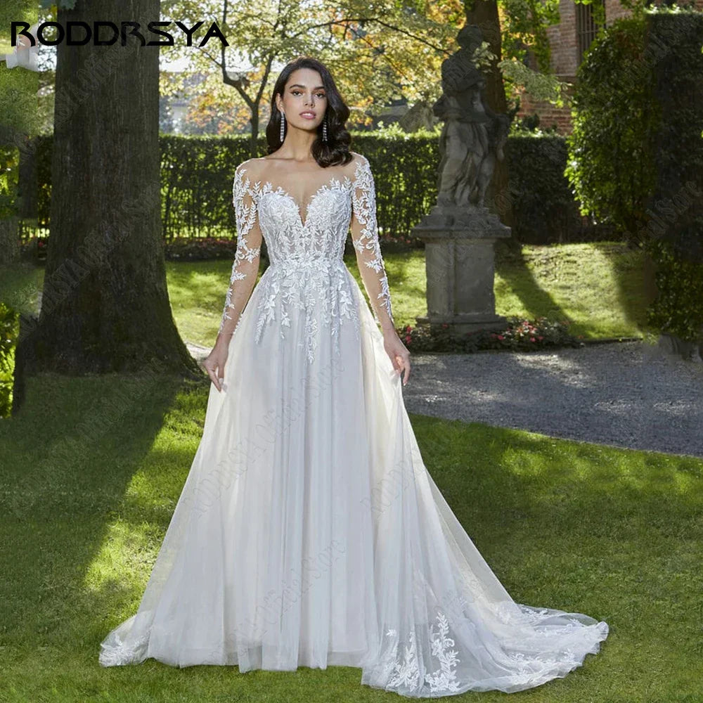 RODDRSYA Elegant Long Sleeves Wedding Dress Sexy Backless Tulle Bridal Gowns Lace Applique A-Line O-Neck Vestido De Noiva