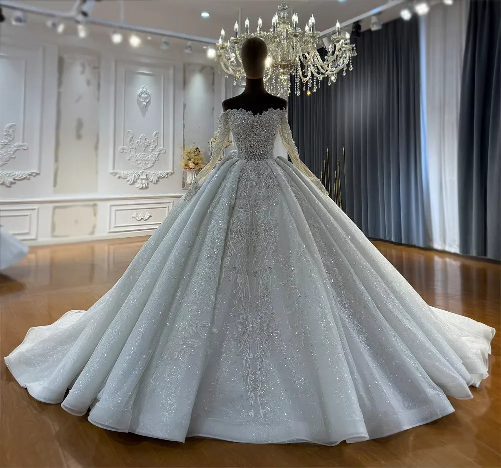 Off-shoulder long sleeve wedding dress – back view – Snowy Bridal