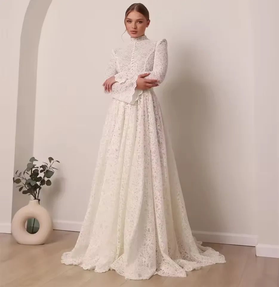 New Muslim lace wedding dress high neck long sleeves A-line bridal dress Arab style