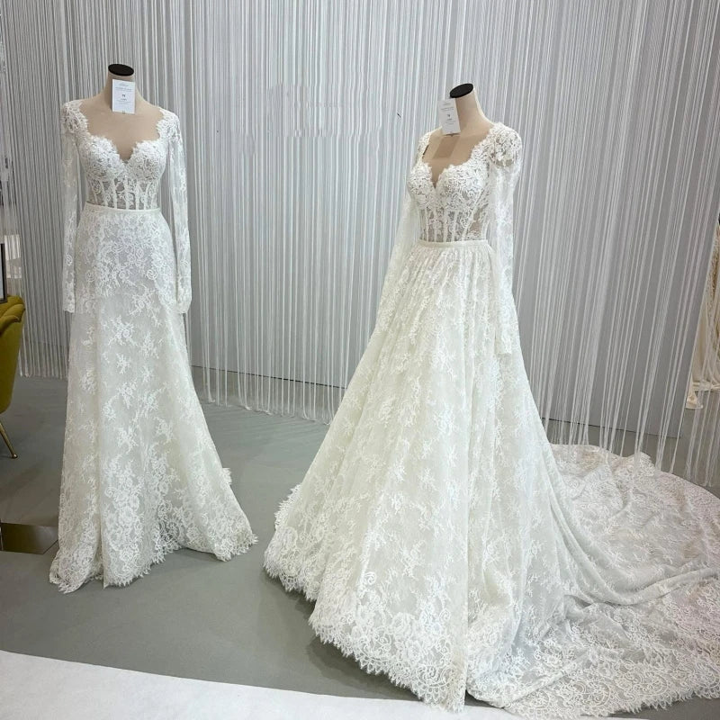 Luxury detachable 2-in-1 train wedding dress lace V-neck full sleeve vintage ball gown