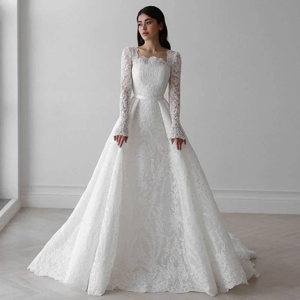 Gorgeous lace long sleeves wedding dress bride square neck sweep train bridal gown