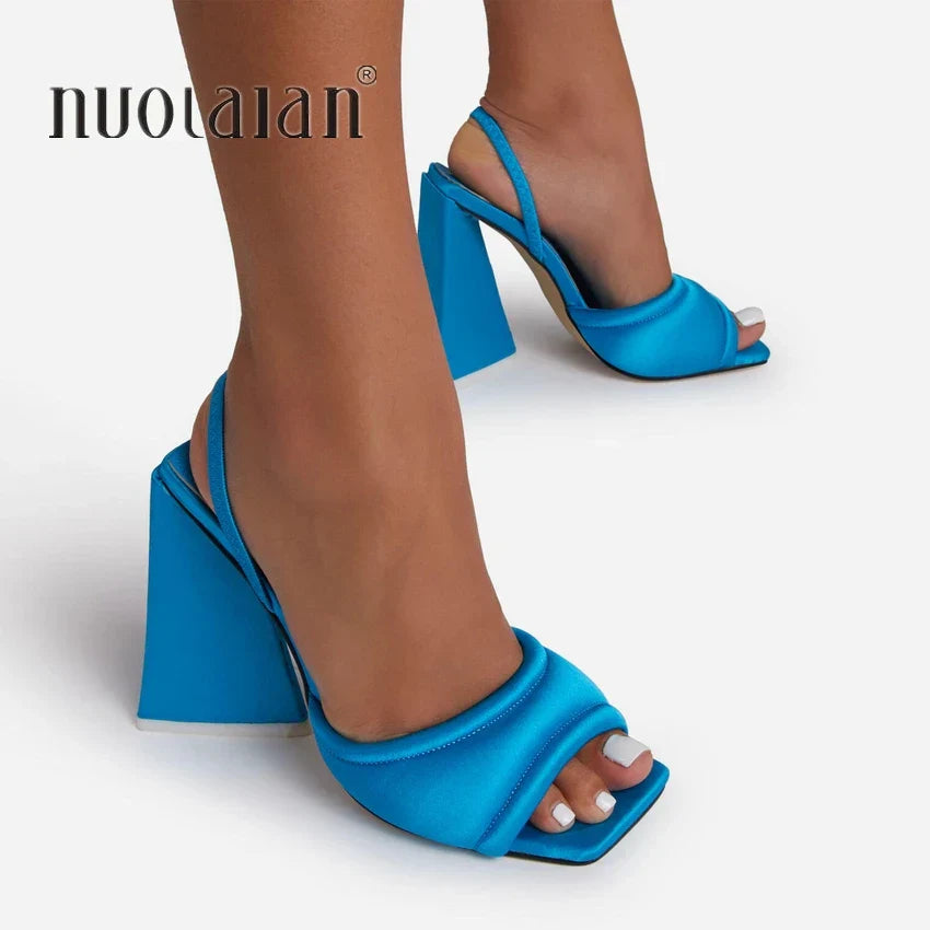 Fashion Triangle High Heels Summer Sandals Women Sexy Satin Soft Padded Party Shoes Woman Runway Back Strap Dress Sandals