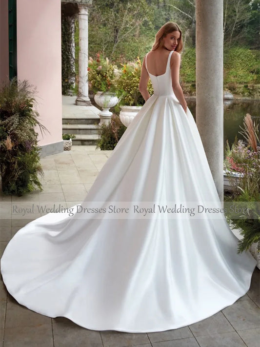 Satin Wedding Dresses White Tank Backless A Line Elegant Women's  Gowns with Pockets Sleeveless Simple Bridal Dress Long