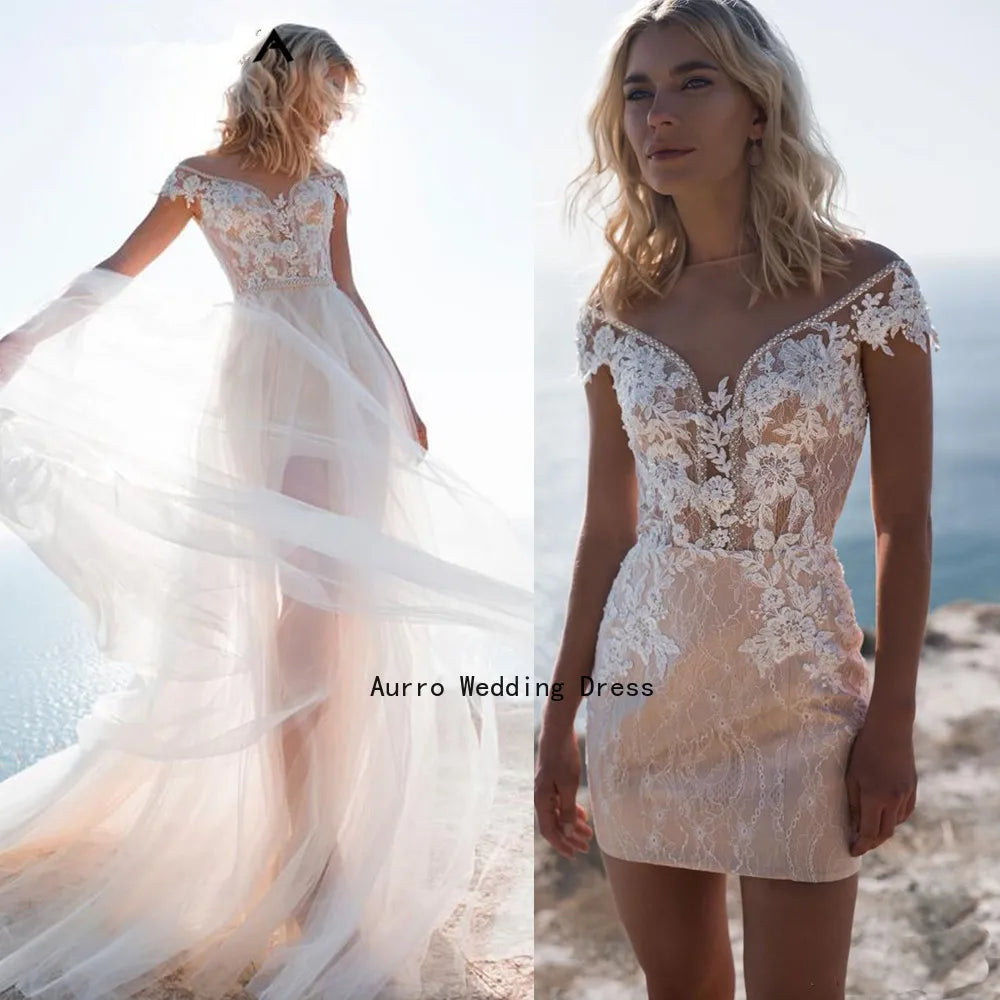 Beach Short Wedding Dresses 2 Pieces Detachable Train Beading Appliques Lace Bridal Gown Customize Cap Sleeve