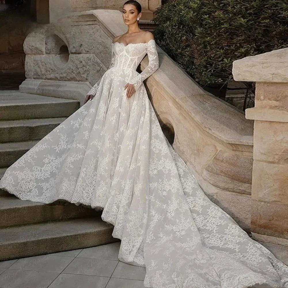 White long sleeves off-shoulder A-line full lace wedding dress luxury bridal gown