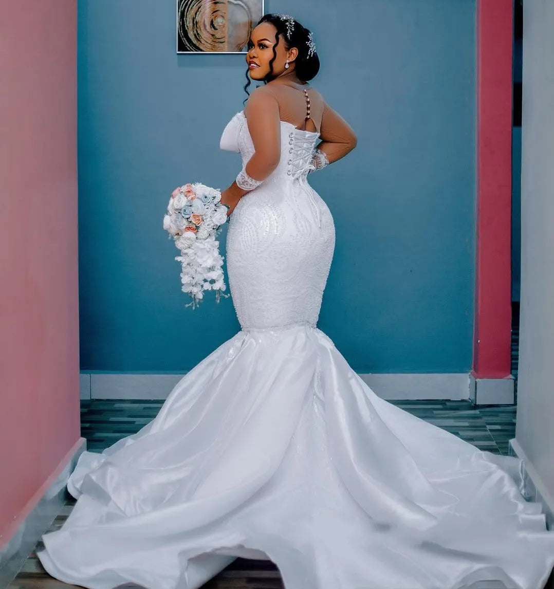 Plus size African mermaid wedding dress sheer neck long sleeves beaded tiered luxury lace pearl bridal gown