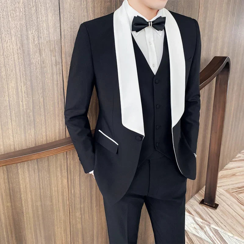 Banquet groom wedding 3 piece formal business fashion men tuxedo blazer vest pants detail