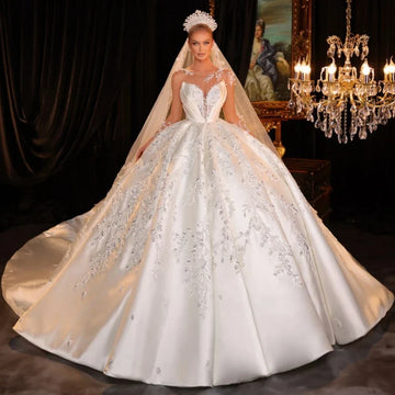 Modest O-neck long sleeve sparkly sequins luxury satin ball gown long bride wedding dress