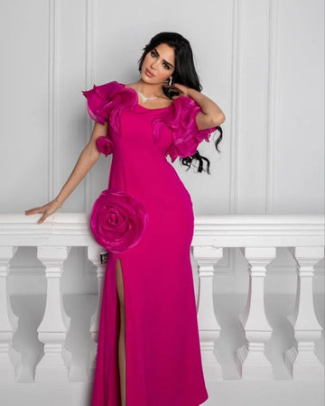 Epoch Evening Dress New Arabia Straight Elegant O-Neck Luxury 3D Flowers High Split Ankle-Length Women Sexy Prom Gown