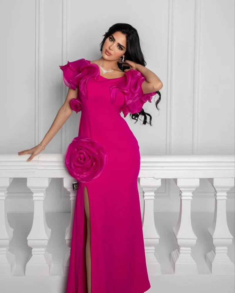 Epoch Evening Dress New Arabia Straight Elegant O-Neck Luxury 3D Flowers High Split Ankle-Length Women Sexy Prom Gown