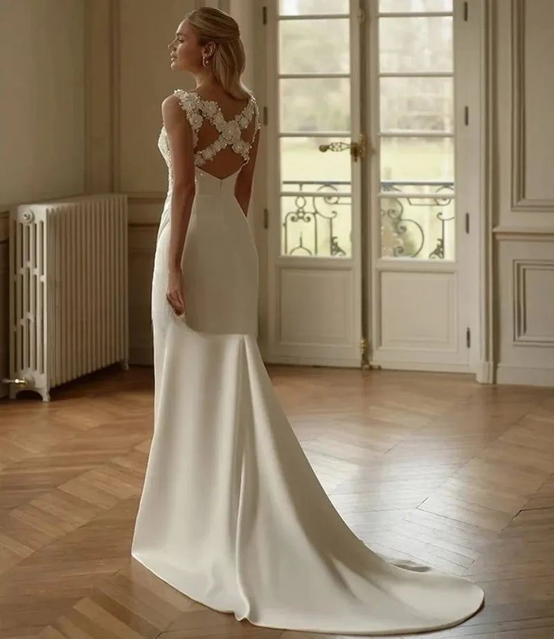 Luxury A-line Wedding Dresses Straps Flowers Lace Appliques Side Split Satin Formal Bridal Gowns 2026 Vestidos De Novias