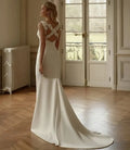 2026 luxury A-line side split satin straps flowers lace appliques formal bridal gown close-up