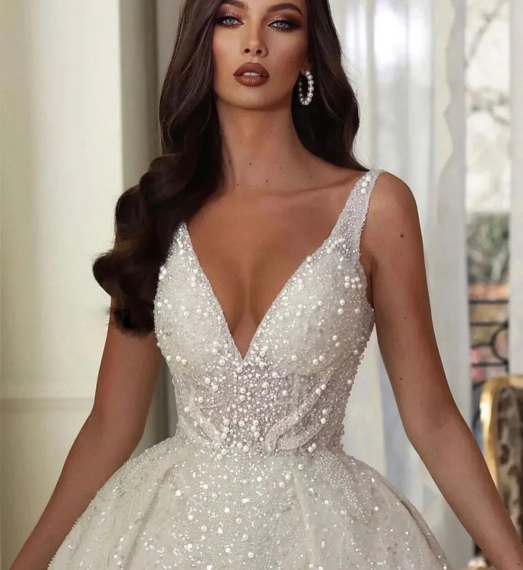 Shiny ball gown wedding dress 2026 V-neck sequins straps appliques lace slit pearls bridal gown